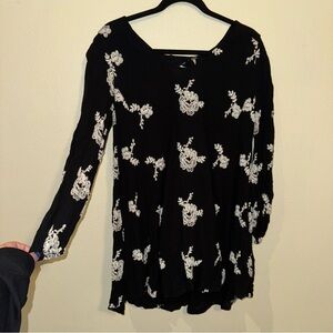 Free People Black Blouse with White Floral Design